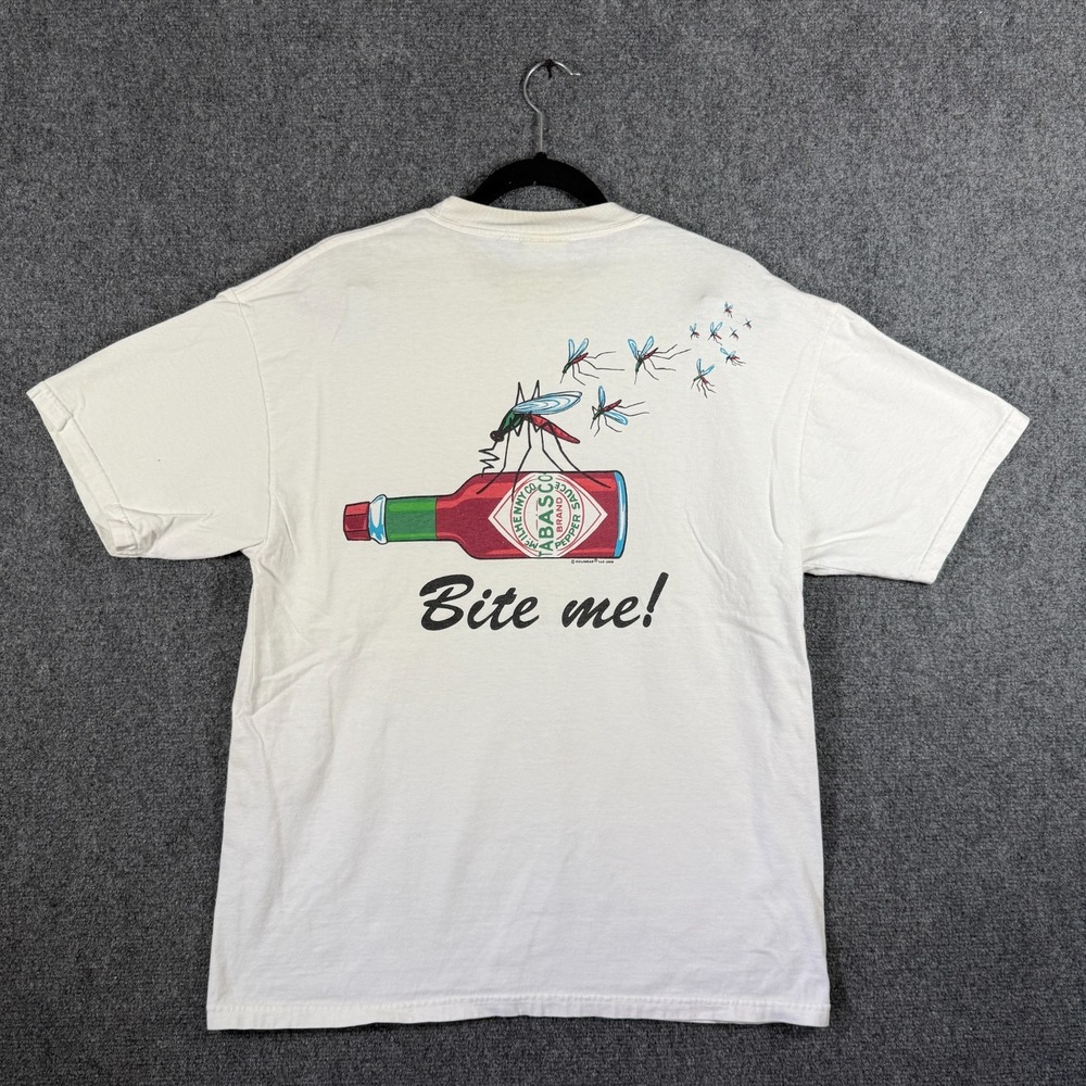 VTG 90s Tabasco "Bite Me" Mosquito Chiliwear t-Shirt White Adult Large #3457